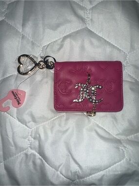 Juicy Couture Pink Quilted Card Holder Keychain with Crystal JC Charm